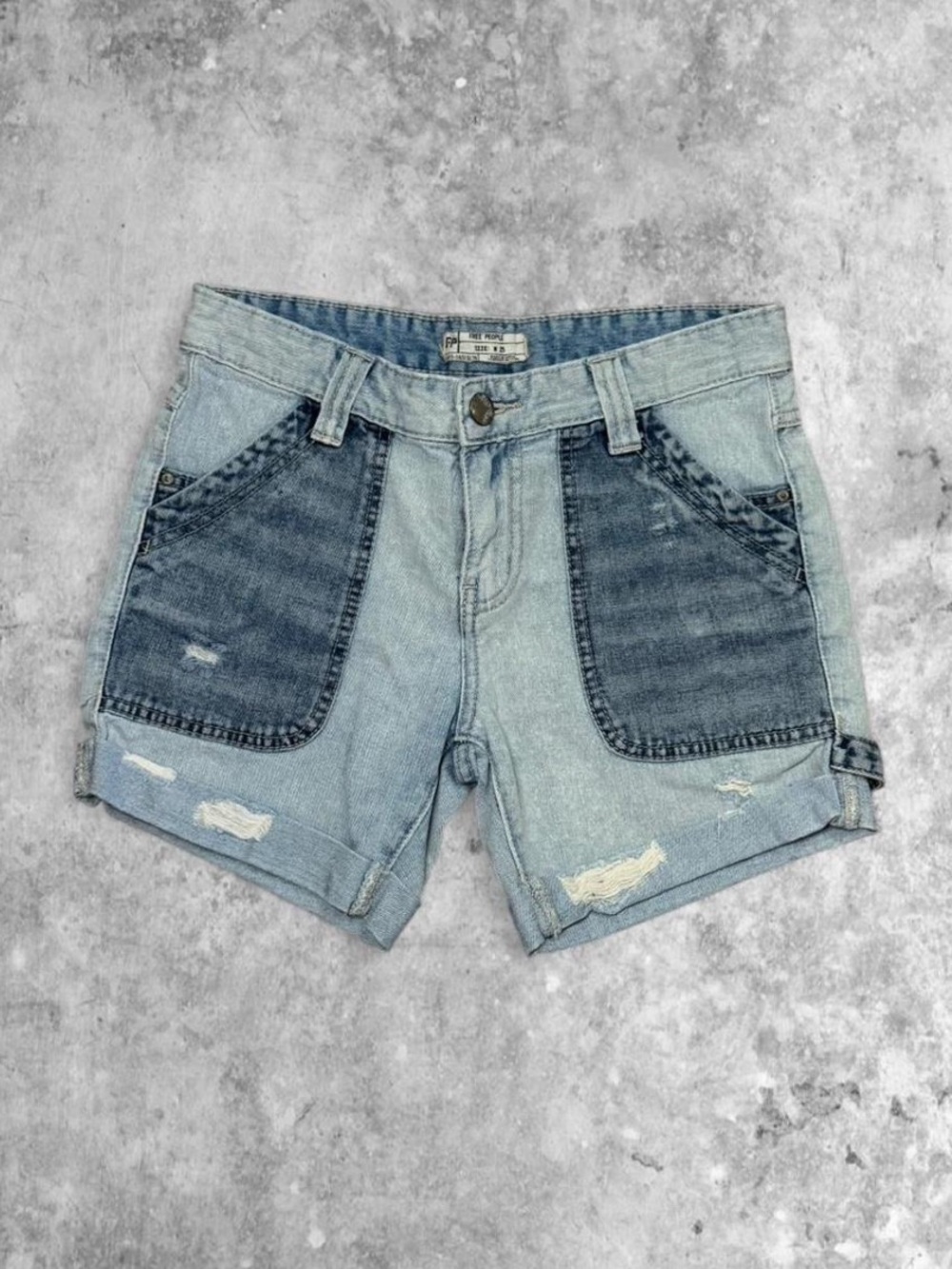 Free People Patch Pocket Two-Tone Distressed Denim Shorts